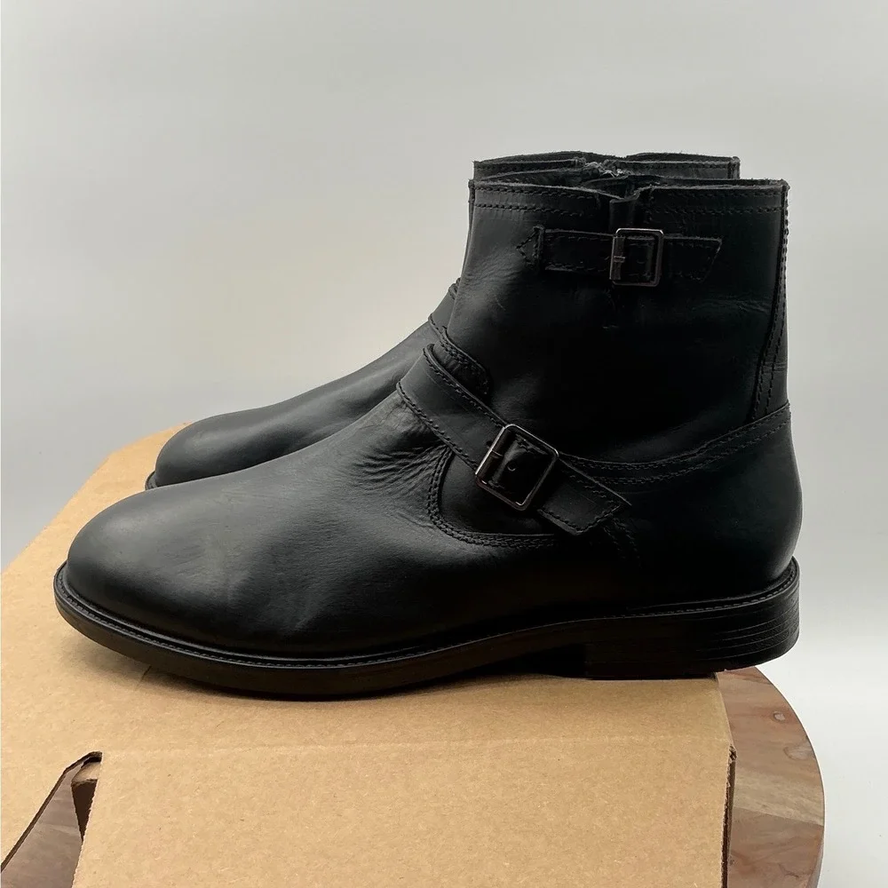 Steve Madden Mens Black Leather Harness Ankle Boots Side Zip Buckle Detail
